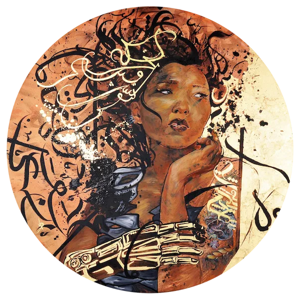 Aymana Cyber Girl by VIERA canvas painting blending cybernetic elements, cultural expression, and Persian calligraphy.