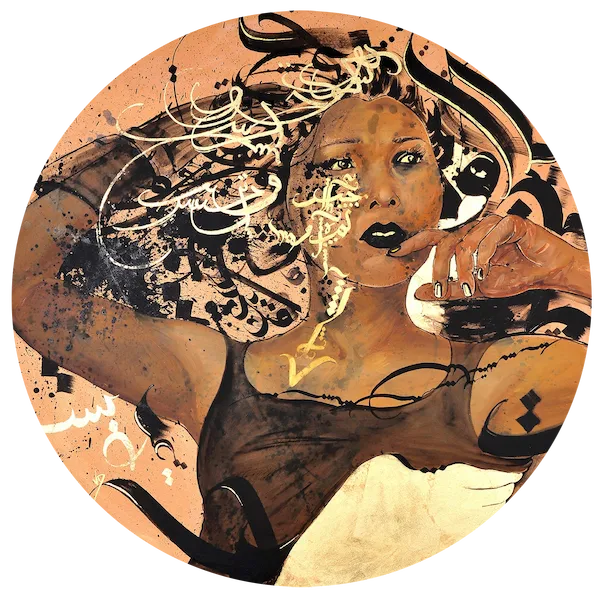Aymana Moon by VIERA — mixed media portrait blending Persian calligraphy, personal transformation, and transhumanist symbolism.