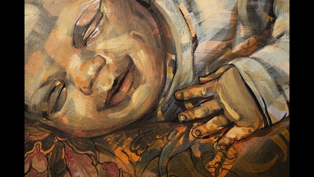 Never Give Up Fragment by VIERA — close-up of sleeping and smiling child, capturing innocence, comfort, and emotional warmth within a family legacy portrait.