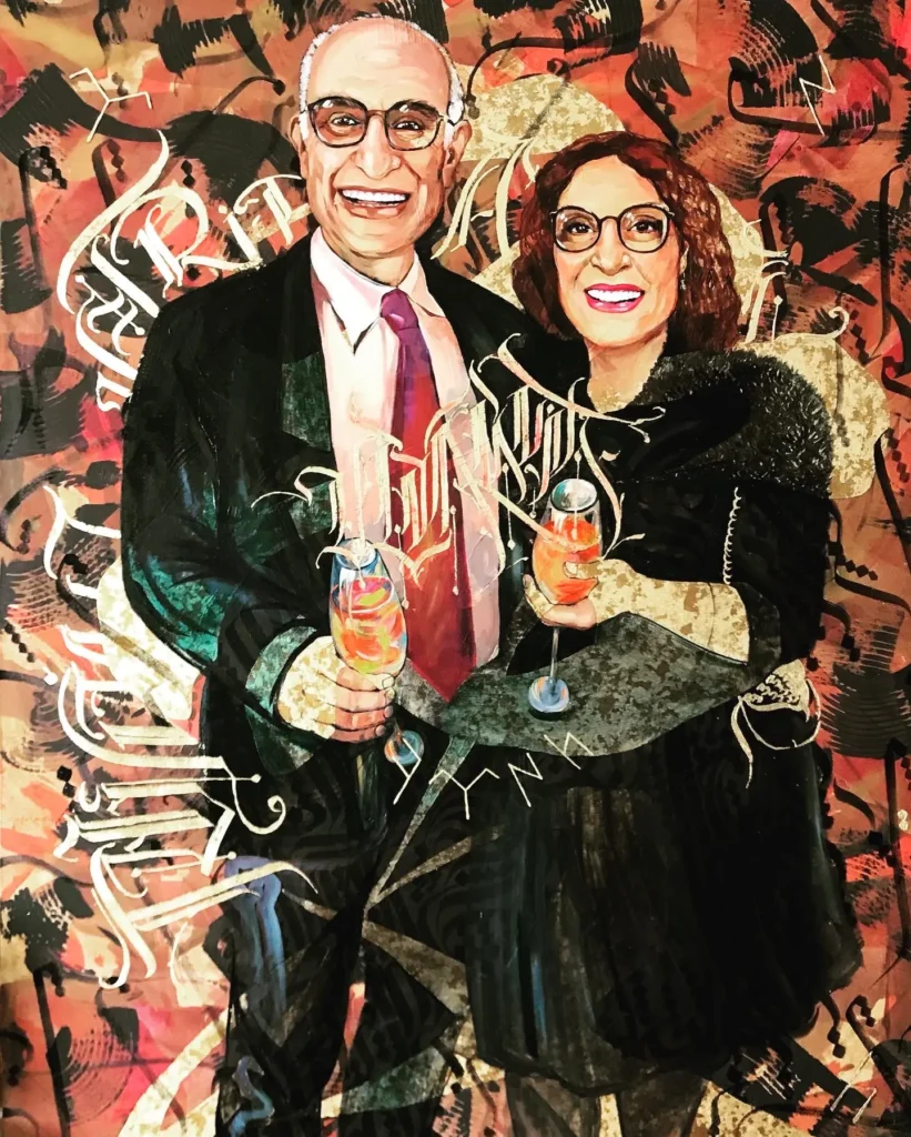Family Portrait with Distinguished Calligraphic Strokes by VIERA — vibrant mixed media painting capturing a couple’s joyful connection, enhanced by expressive calligraphy and personalized symbolism.