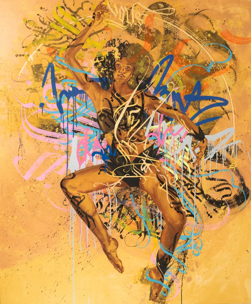 Dancing Goddess by VIERA — dynamic mixed media artwork featuring a powerful female dancer, expressive calligraphy, vibrant abstract graffiti, and energetic symbolism.