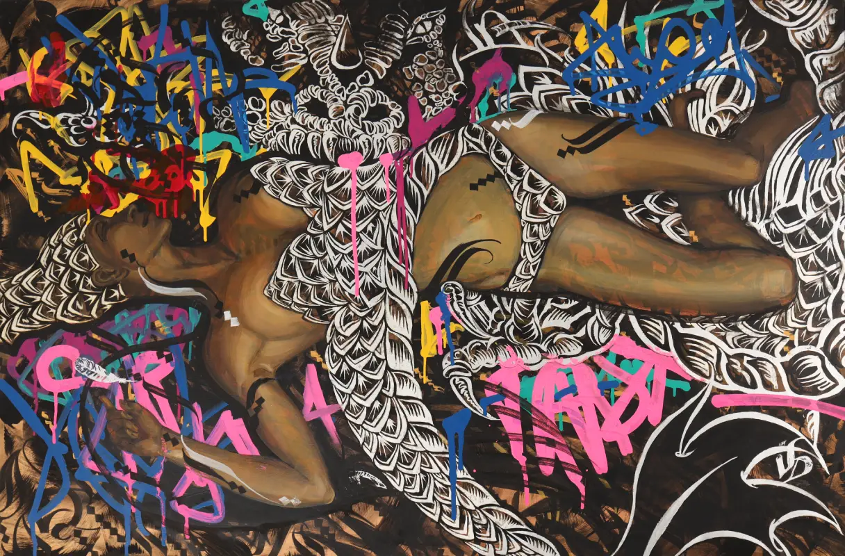 Imagine Dragon – Silver Dragon by VIERA — large-format mixed media painting exploring myth, power, cultural symbolism, and dual perceptions of the dragon motif.