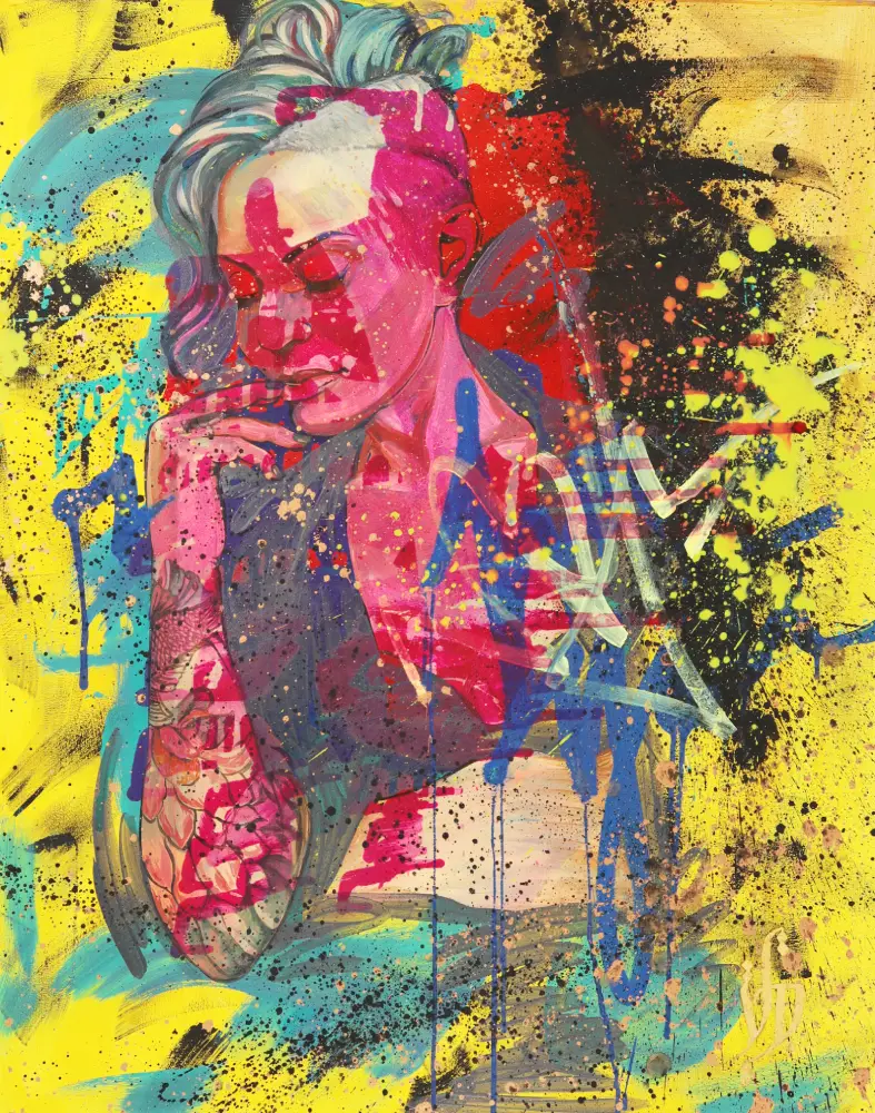 IN LOVE by VIERA — vibrant mixed media portrait expressing vulnerability, intimacy, passion, and modern identity through bold colors and calligraffiti.