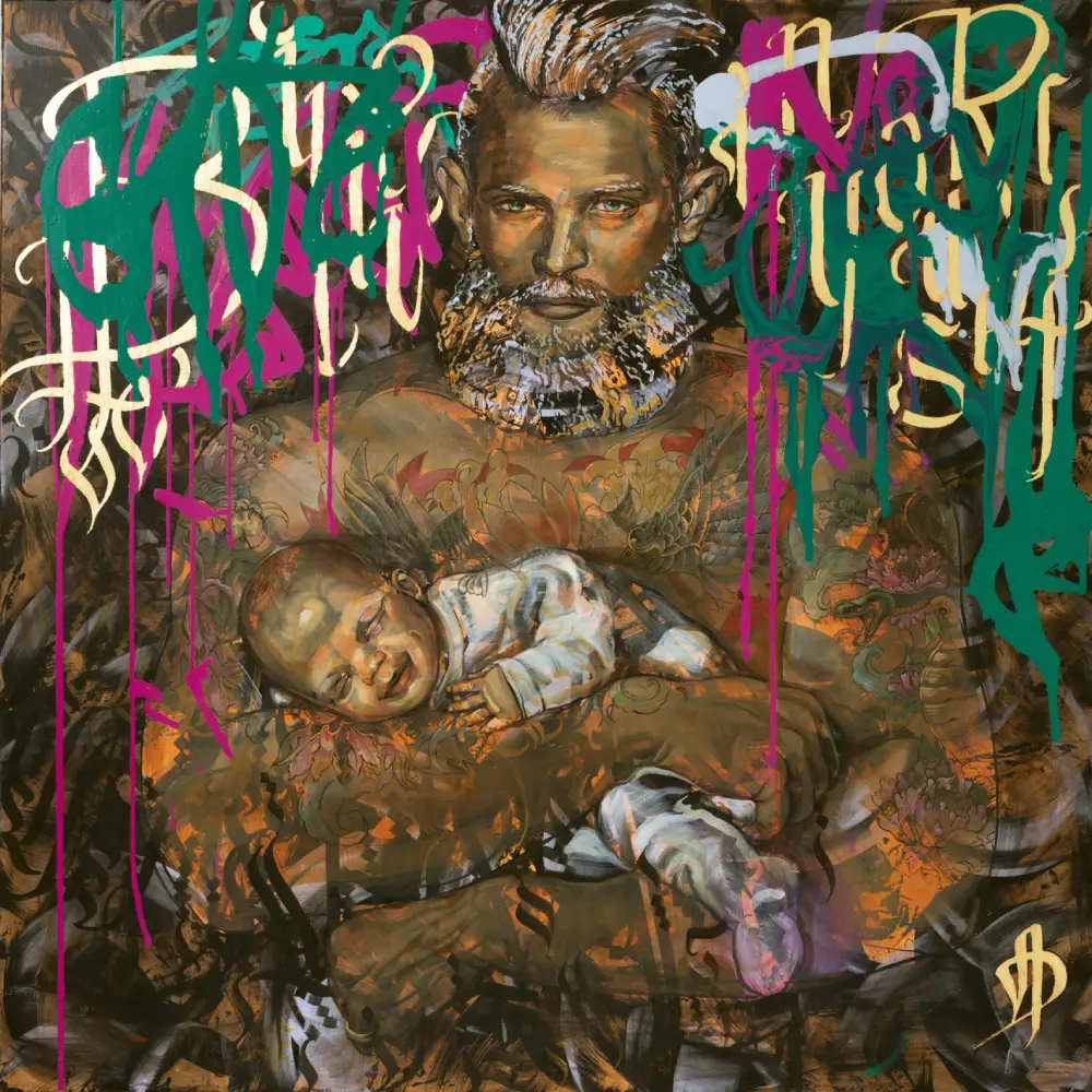 NEVER GIVE UP by VIERA — mixed media figurative painting symbolizing paternal strength, emotional vulnerability, and cosmic protection.