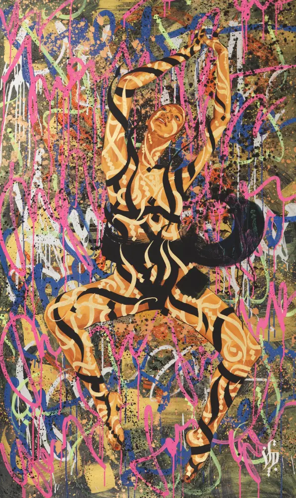 The Muse by VIERA — large-format mixed media figurative painting blending calligraffiti, acrylic, and symbolism of female freedom, strength, and creative power.