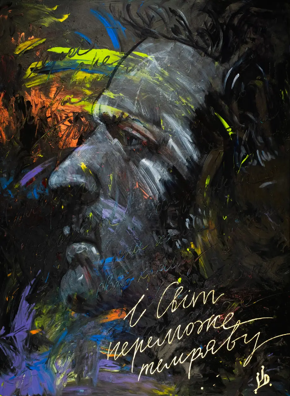LIGHT OVERCOMES THE DARKNESS by VIERA — powerful mixed media portrait of President Volodymyr Zelensky symbolizing leadership, resilience, and civilian courage during the Ukraine war.