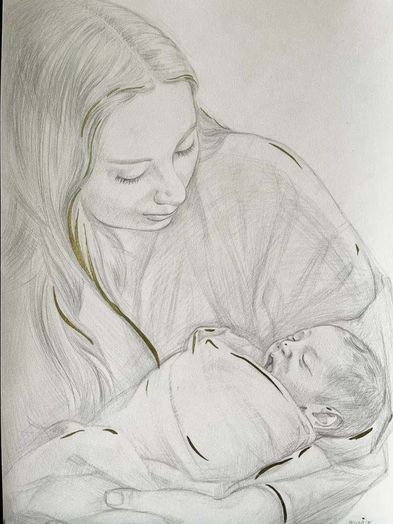 Mother and Son Portrait by VIERA — intimate family portrait capturing the emotional bond between mother and child, created in expressive mixed media.