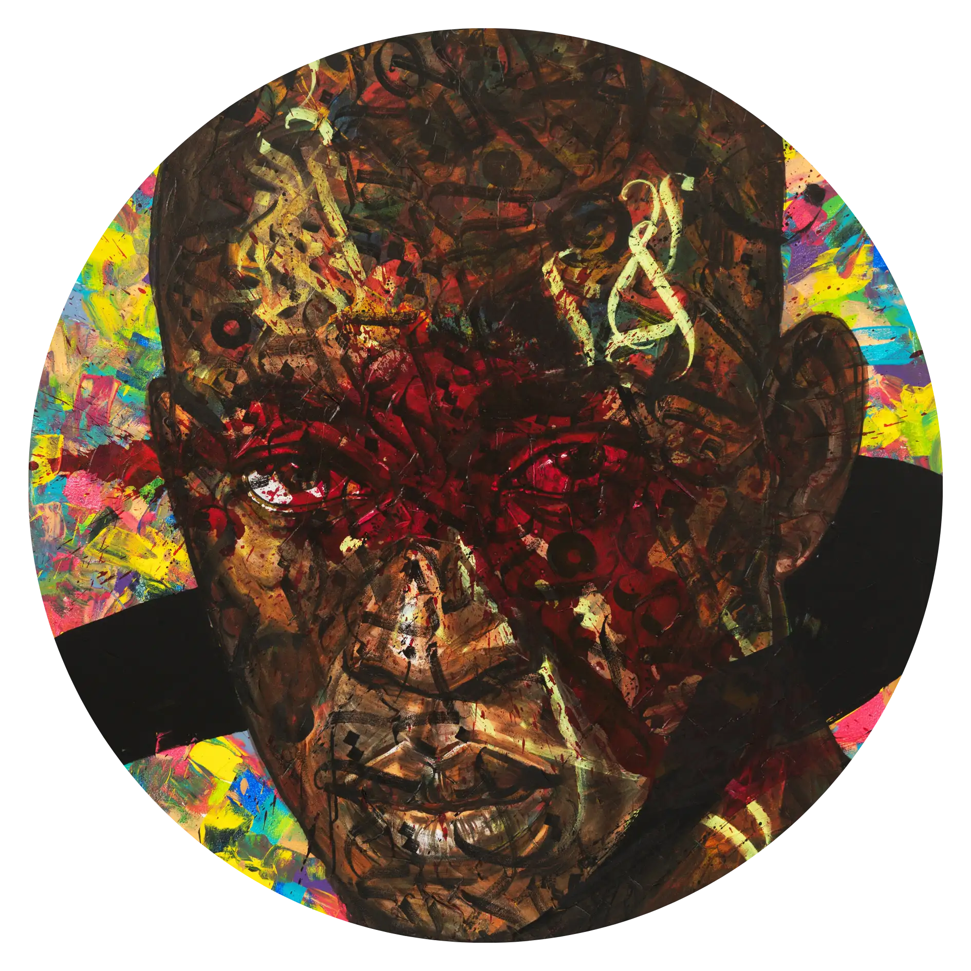 A vibrant mixed-media portrait of a man with a strong, intense gaze. His face is layered with calligraphic strokes, abstract patterns, and deep red tones that cover the eyes and central features. The background bursts with colorful, energetic brushstrokes in yellow, pink, and blue, contrasting with the dark, textured face.