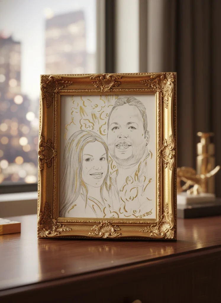 İstanbul’da 23k altın varak detaylı premium çift portresi – fotoğraftan çizilmiş lüks yılbaşı hediyesi.