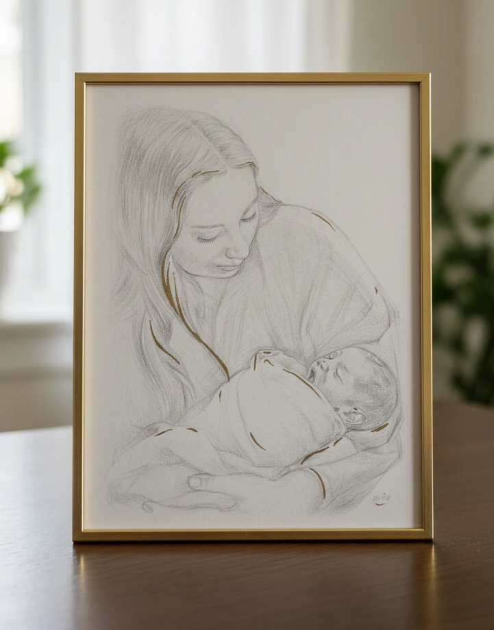 Altın varak detaylarla çizilmiş anne ve bebek premium portresi, VIERA tarafından el yapımı olarak hazırlanmış kişiye özel bir sanat eseri.