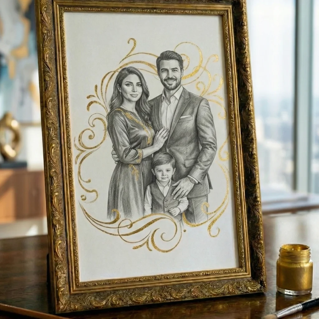 Her Şeyi Olan Hediye arayanlar için el yapımı aile portresi; kurşun kalem ve 23 ayar gerçek altın detaylarla hazırlanmış büyük format (50×70 cm) lüks edisyon çalışma. Anne, baba ve çocuk kompozisyonu, kaligrafik altın semboller ve VIERA imzalı sınırlı edisyon sanat eseri.