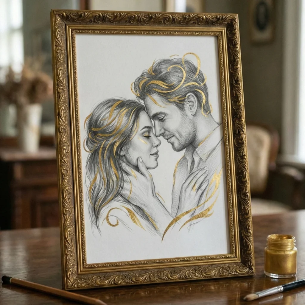 Her Şeyi Olan Hediye arayanlar için kurşun kalemle çizilmiş aşık çift portresi; 35×50 cm premium formatta, 23 ayar gerçek altın detaylar ve romantik kaligrafik çizgilerle hazırlanmış VIERA imzalı sanat eseri.