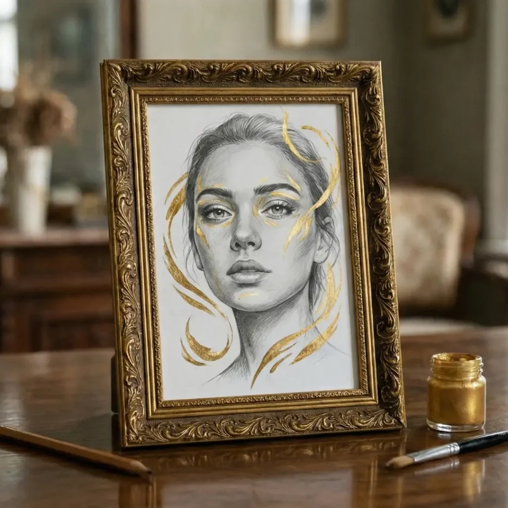 Her Şeyi Olan Hediye arayanlar için süslemeli çerçevede, VIERA tarafından çizilmiş altın detaylı kadın portresi. Göktürk İstanbul’da üretilmiş premium el çizimi portre.